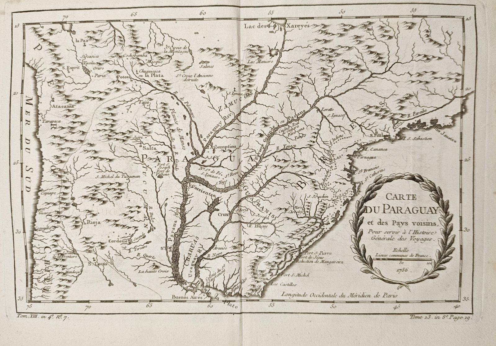 Jacques-Nicolas Bellin – Map of Paraguay and Neighboring Countries – South America – Engraving: "Map of Paraguay and Neighboring Countries" presents a cartographic study illustrating the river systems, mountain ranges, settlements, and territorial regions of central and southern South America en