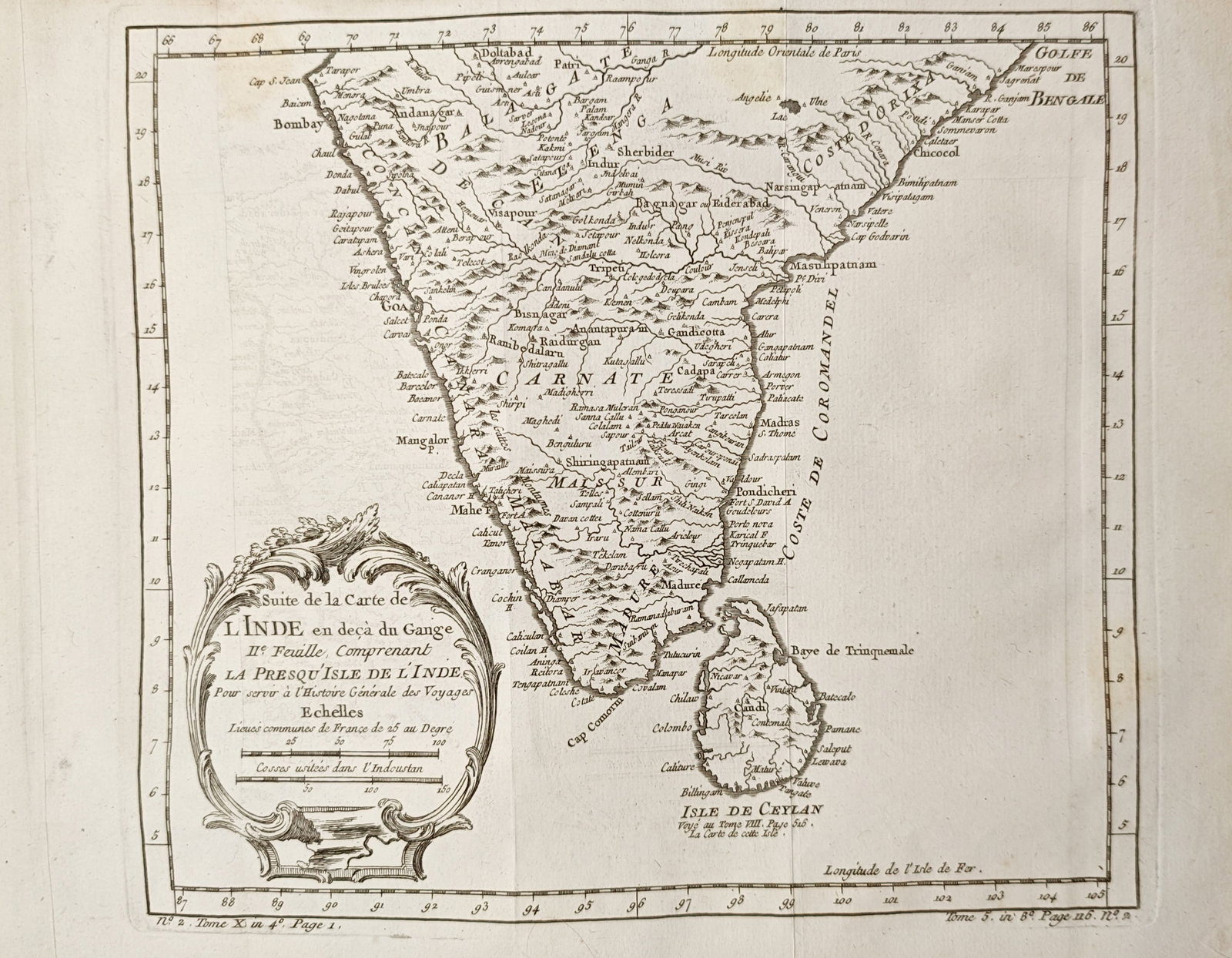 Jacques-Nicolas Bellin – Map of the Indian Peninsula and Ceylon – India – Engraving (1752): "Map of the Indian Peninsula and Ceylon" presents a cartographic study illustrating coastal ports, internal settlements, maritime borders, and regional kingdoms of southern India and modern Sri Lanka 