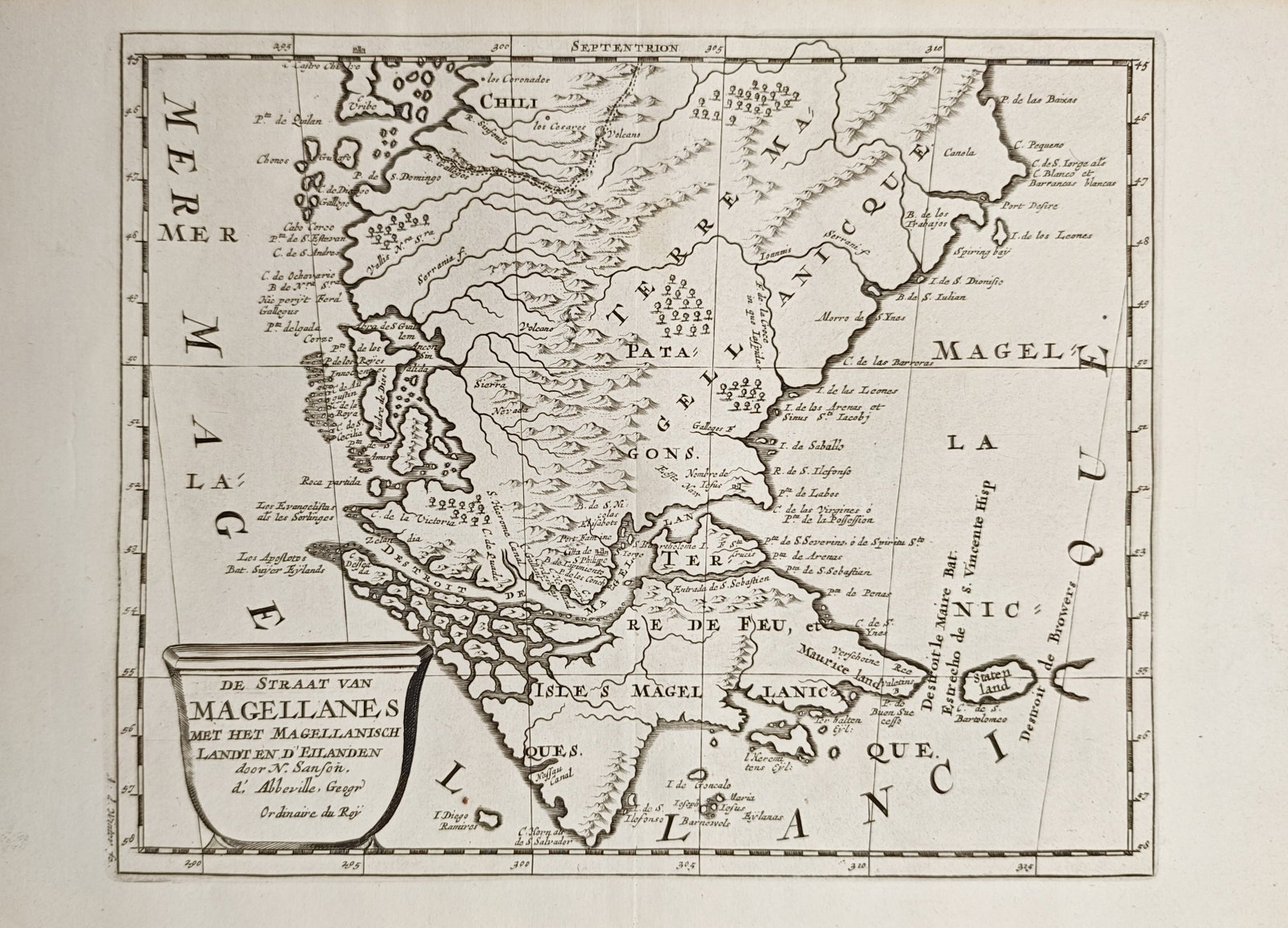 Nicolas Sanson – Map of the Strait of Magellan and Tierra del Fuego – Engraving (17th Century): "The Strait of Magellan with the Magellanic Land and the Islands" presents a cartographic study illustrating the waterways, islands, coastal topography, and regional geography of southern Patagonia an