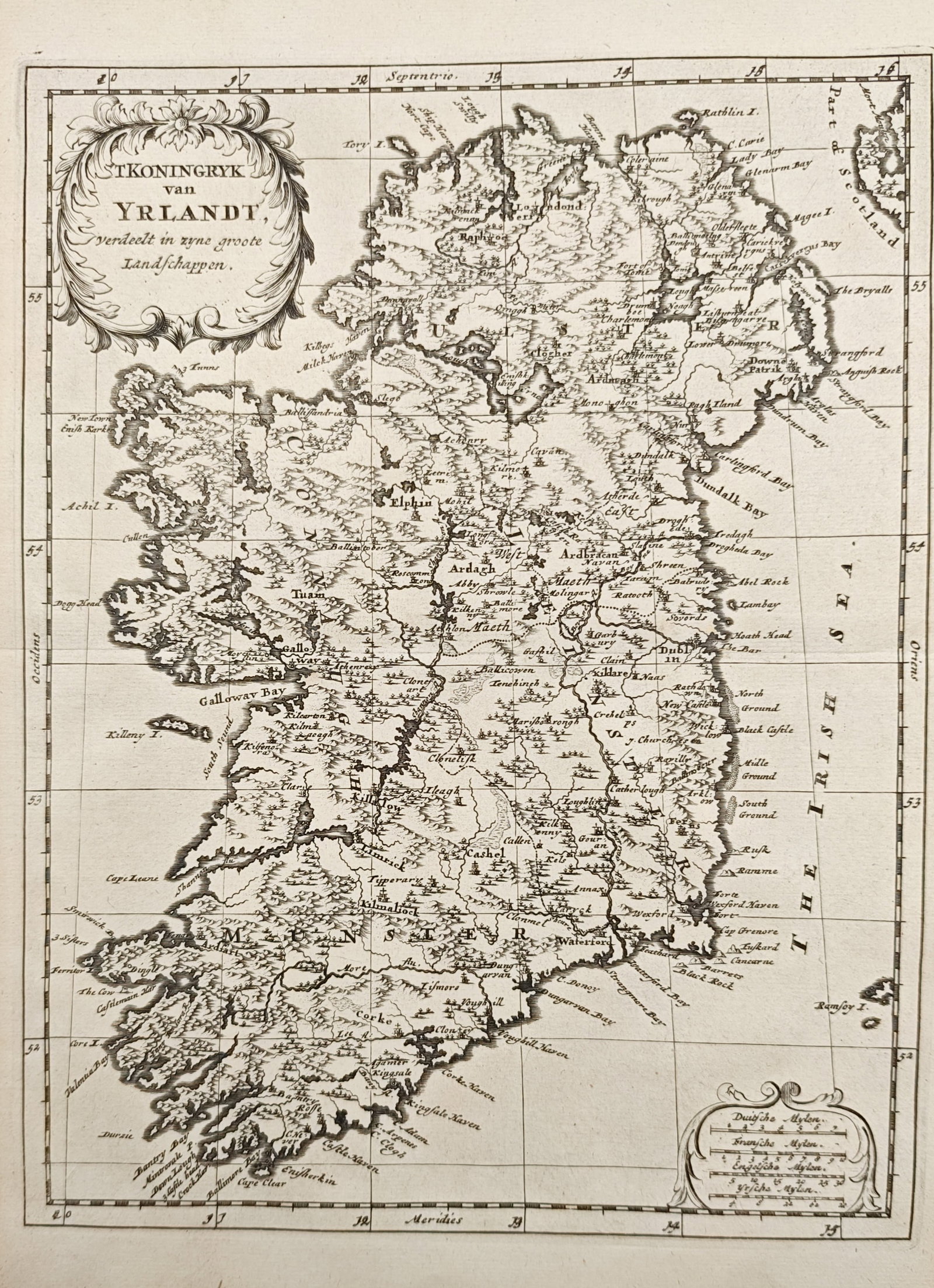 Nicolas Sanson – Map of the Kingdom of Ireland – Ireland – Engraving (17th Century): "The Kingdom of Ireland Divided into Its Large Provinces" presents a cartographic study illustrating the coastal contours, counties, regional provinces, settlements, and surrounding waterways of Irela