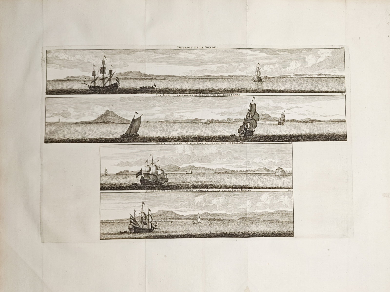 Cornelis de Bruyn – Coastal Views of the Sunda Strait – Engraving (1718): "Sunda Strait" presents a maritime and navigational study illustrating multi-tiered panoramic coastal profiles, island formations, and sailing ships traversing the vital waterway between Java and Suma