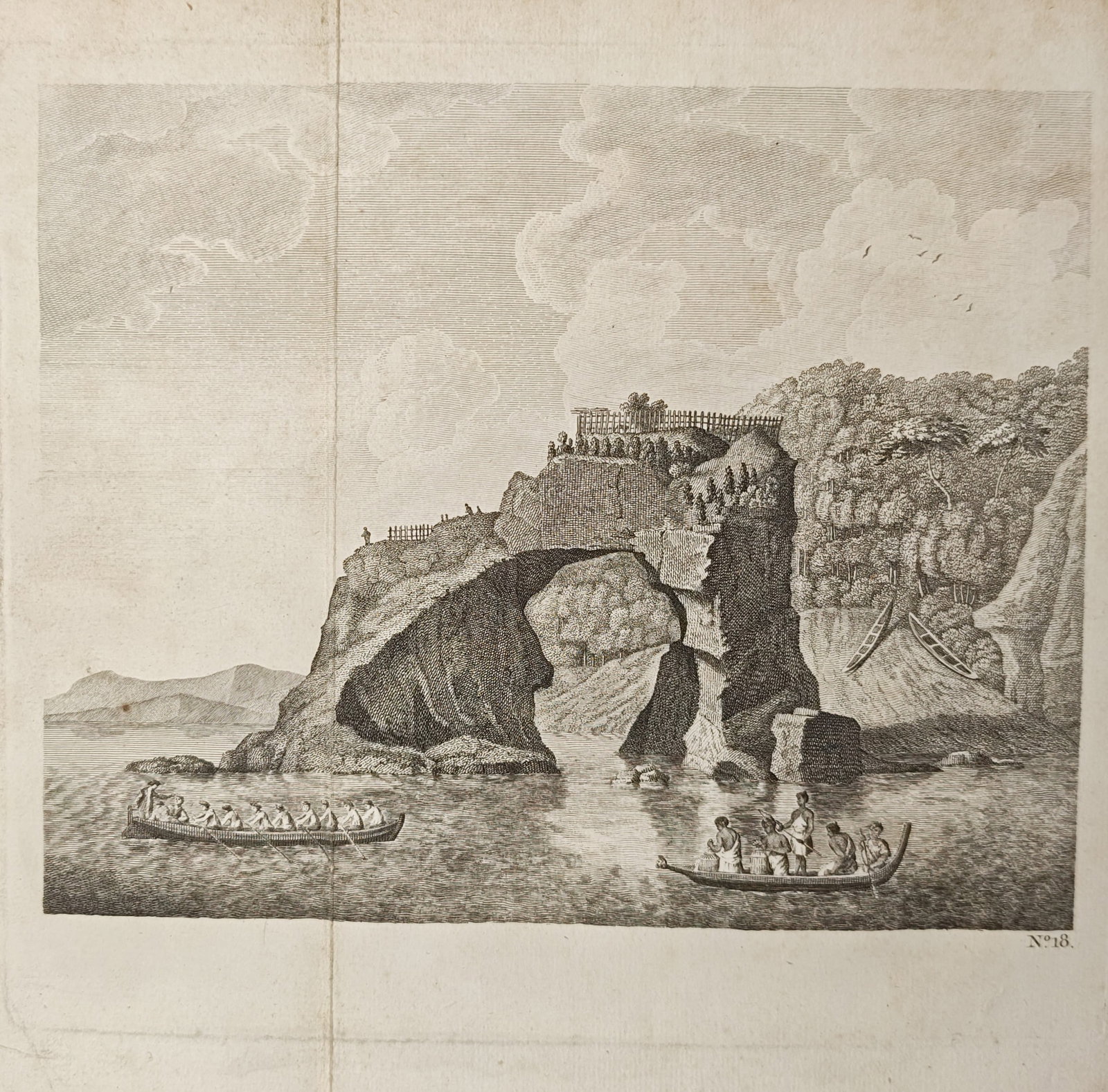 John Hawkesworth – View of an Arched Rock on the Coast of New Zealand – Engraving: "View of an Arched Rock on the Coast of New Zealand" presents an ethnographic and topographical study illustrating an indigenous Maori fortified village constructed atop a dramatic natural sea arch, w