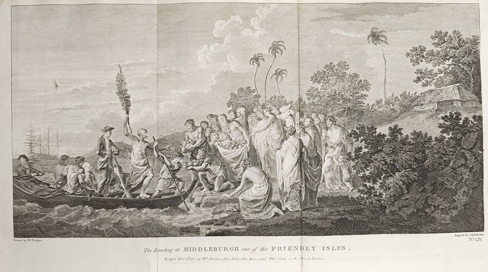 John Keyse Sherwin – The Landing at Middleburgh, One of the Friendly Isles – Engraving (1777): "The Landing at Middleburgh, One of the Friendly Isles" presents an ethnographic and historical narrative study illustrating Captain James Cook arriving ashore by landing boat, received by gathered in