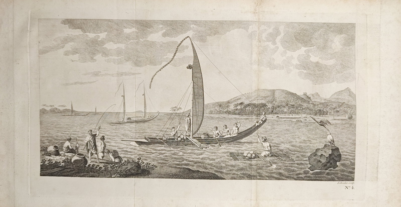 Edward Rooker – Coastal View of Tahiti with Indigenous Watercraft – Engraving (1773): "A View of the Island of Otaheite, with Several Vessels of That Island" presents a broad maritime panorama depicting Tahitian inhabitants navigating coastal waters aboard sailing outrigger canoes alon