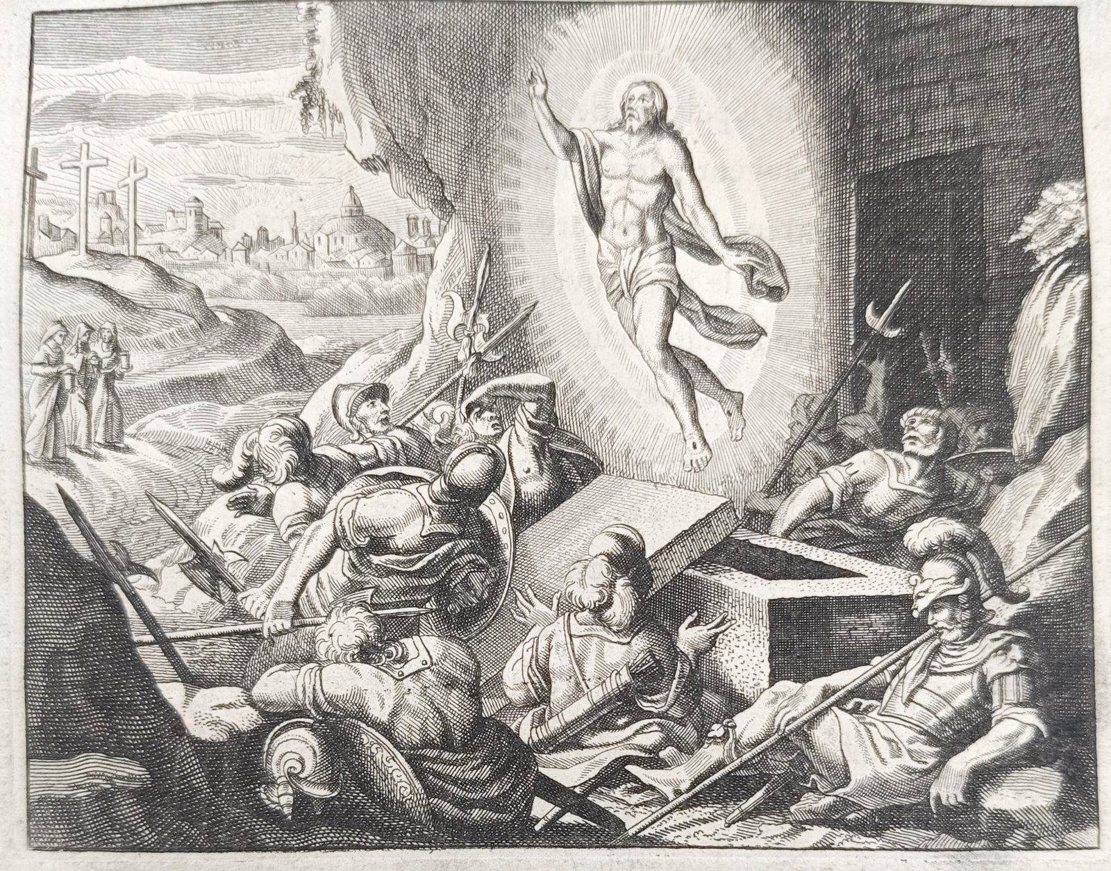 Nicolas Fontaine – The Resurrection of Jesus Christ Our Lord – Engraving (17th/18th Century): "The Resurrection of Jesus Christ Our Lord" portrays the miraculous resurrection of Christ ascending in radiance while Roman guards collapse in fear around the open tomb. Dating from the seventeenth a