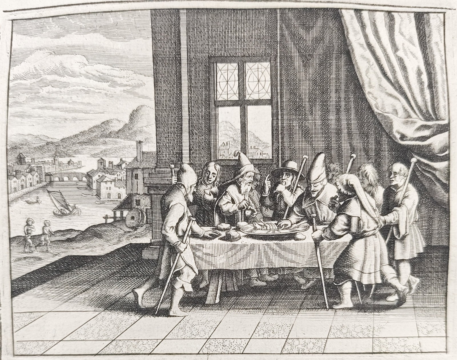 Nicolas Fontaine – The Passover Lamb – Engraving (17th/18th Century): "God Ordered the Jews to Eat the Passover Lamb, and for the Tenth Plague Killed All the Firstborn" depicts the Israelites standing gathered around a dining table with traveling staves in hand, partaki