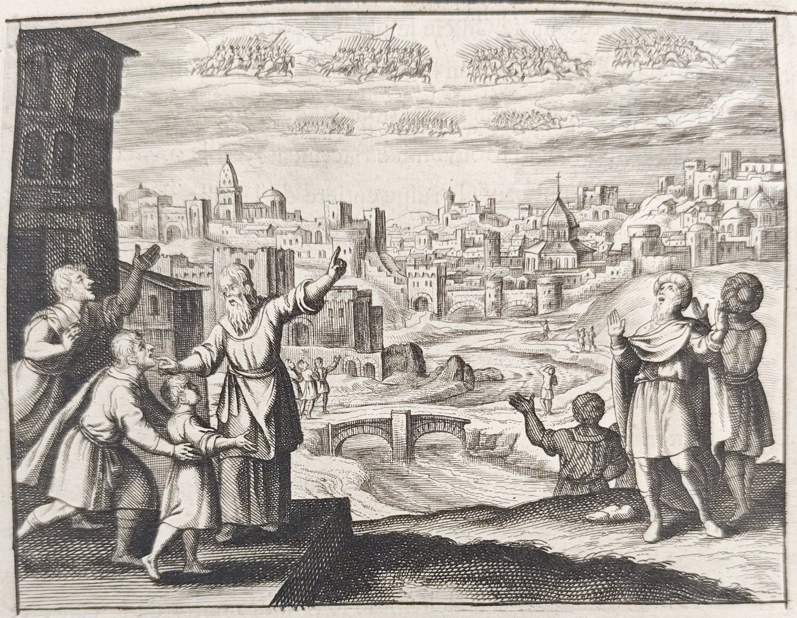 Nicolas Fontaine – Vision of Armies in the Sky Over Jerusalem – Engraving (17th/18th Century): "God Causes Armies to Appear in the Sky Over Jerusalem to Portend the Evils That Were to Fall Upon It" portrays citizens gesturing in awe and apprehension as apparitions of celestial soldiers and cava