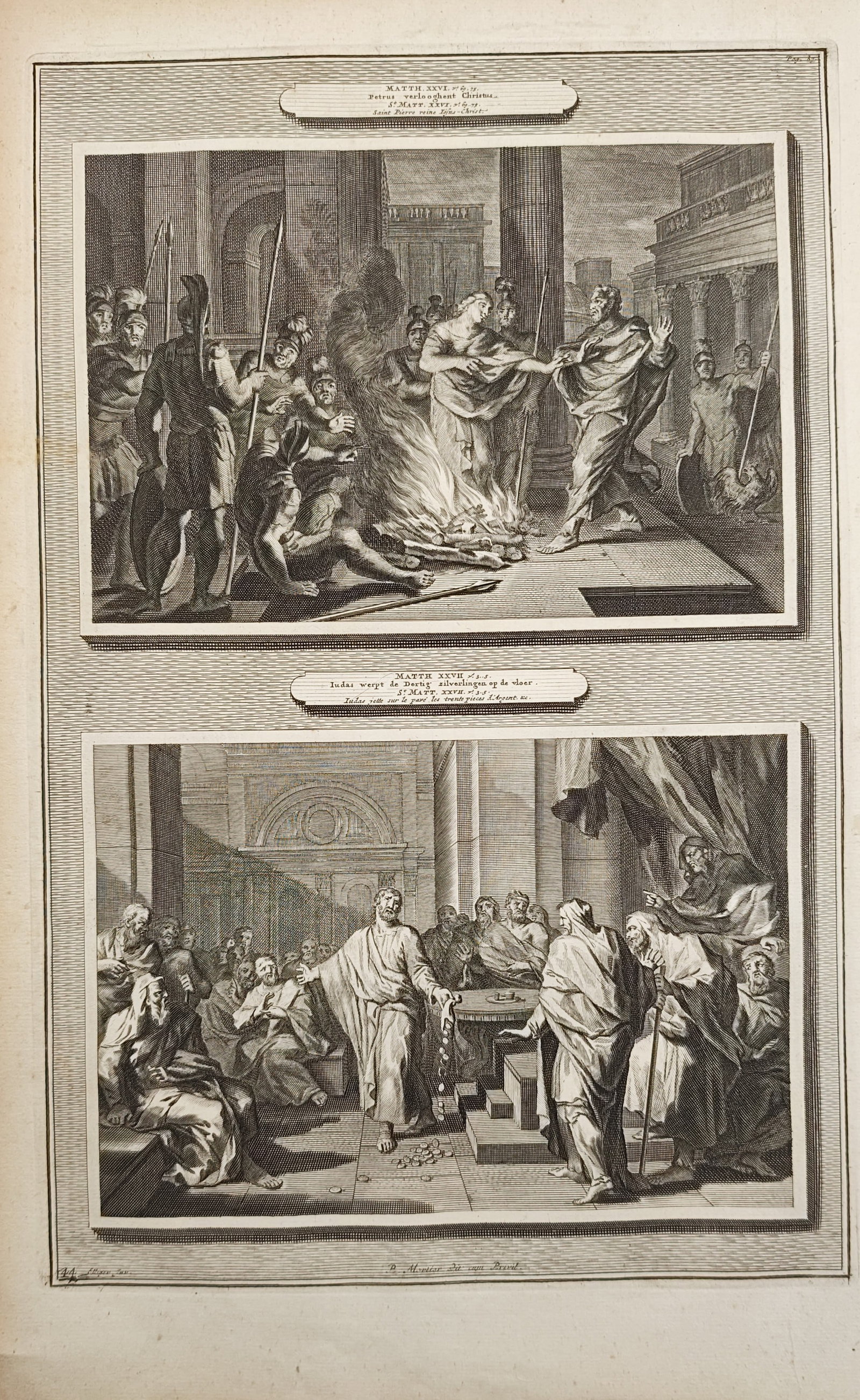 Pieter Mortier – The Denial of Saint Peter and Judas Returning the Thirty Pieces – Engraving: "The Denial of Saint Peter and Judas Returning the Thirty Pieces of Silver" illustrates two dramatic New Testament Passion episodes showing Saint Peter warming himself before his denial alongside Juda