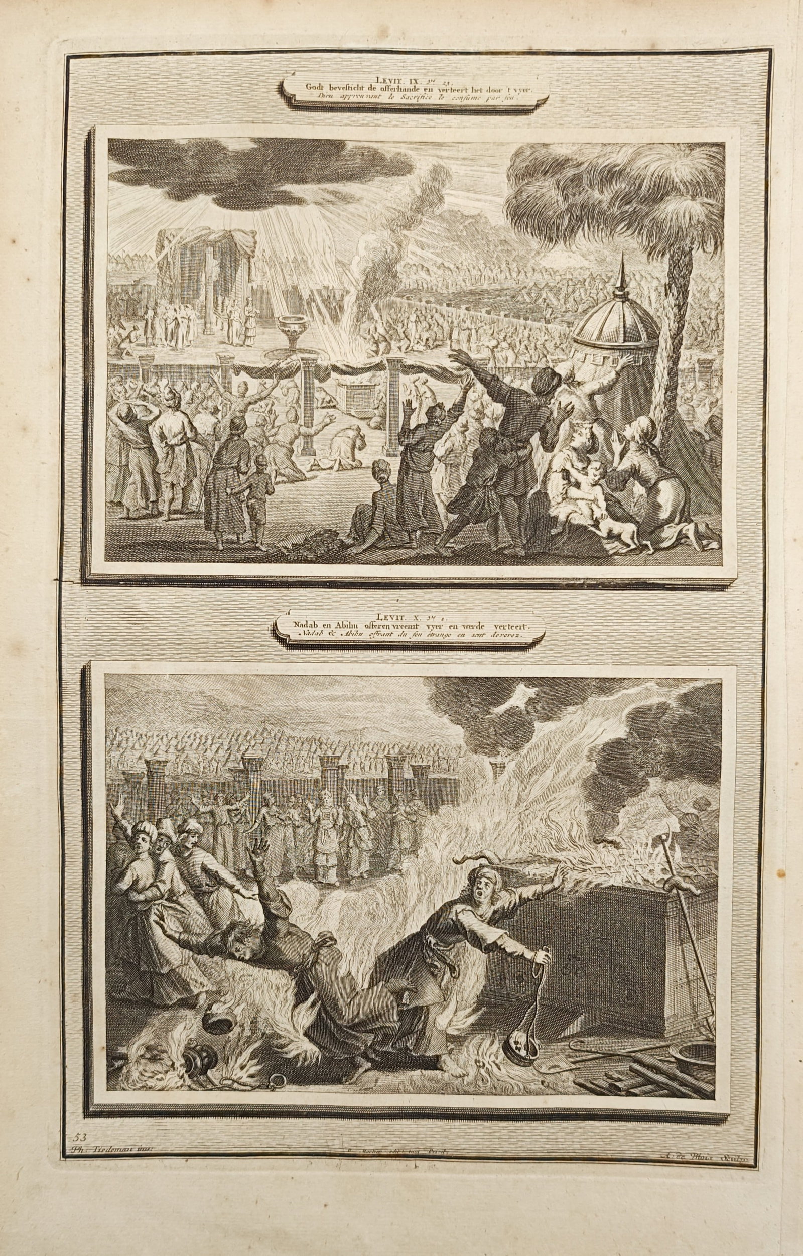 Pieter Mortier – The Sacrificial Fire of Aaron and the Death of Nadab and Abihu – Engraving: "The Fire of the Lord Consuming the Sacrifice and the Death of Nadab and Abihu" illustrates significant Old Testament events from the Book of Leviticus, depicting the miraculous divine flame descendin