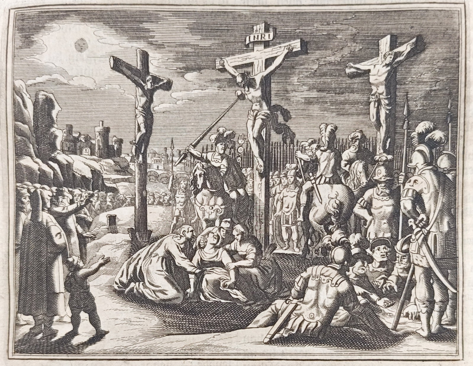 Johann Ludwig Gottfried – The Crucifixion of Jesus Christ at Calvary – Engraving (17th Century) (1 of 3)