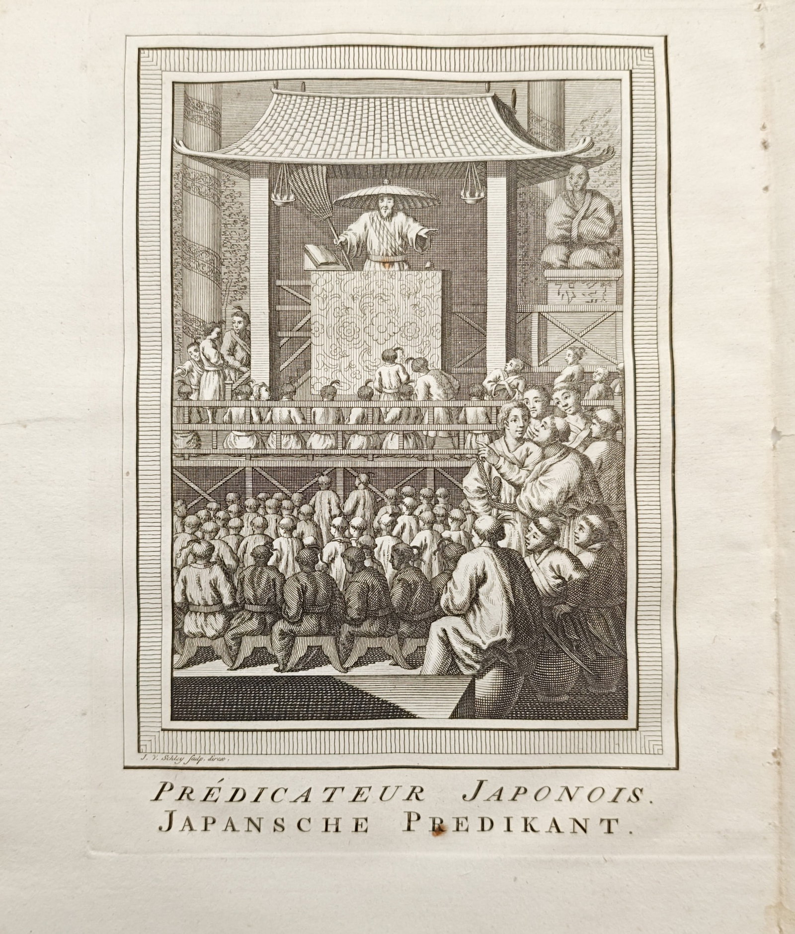 Jakob van der Schley – Japanese Preacher – Engraving (18th Century): "Japanese Preacher" depicts a religious orator addressing a large, gathered congregation from a raised pavilion terrace adorned with traditional East Asian architectural motifs. Dating from the eighte