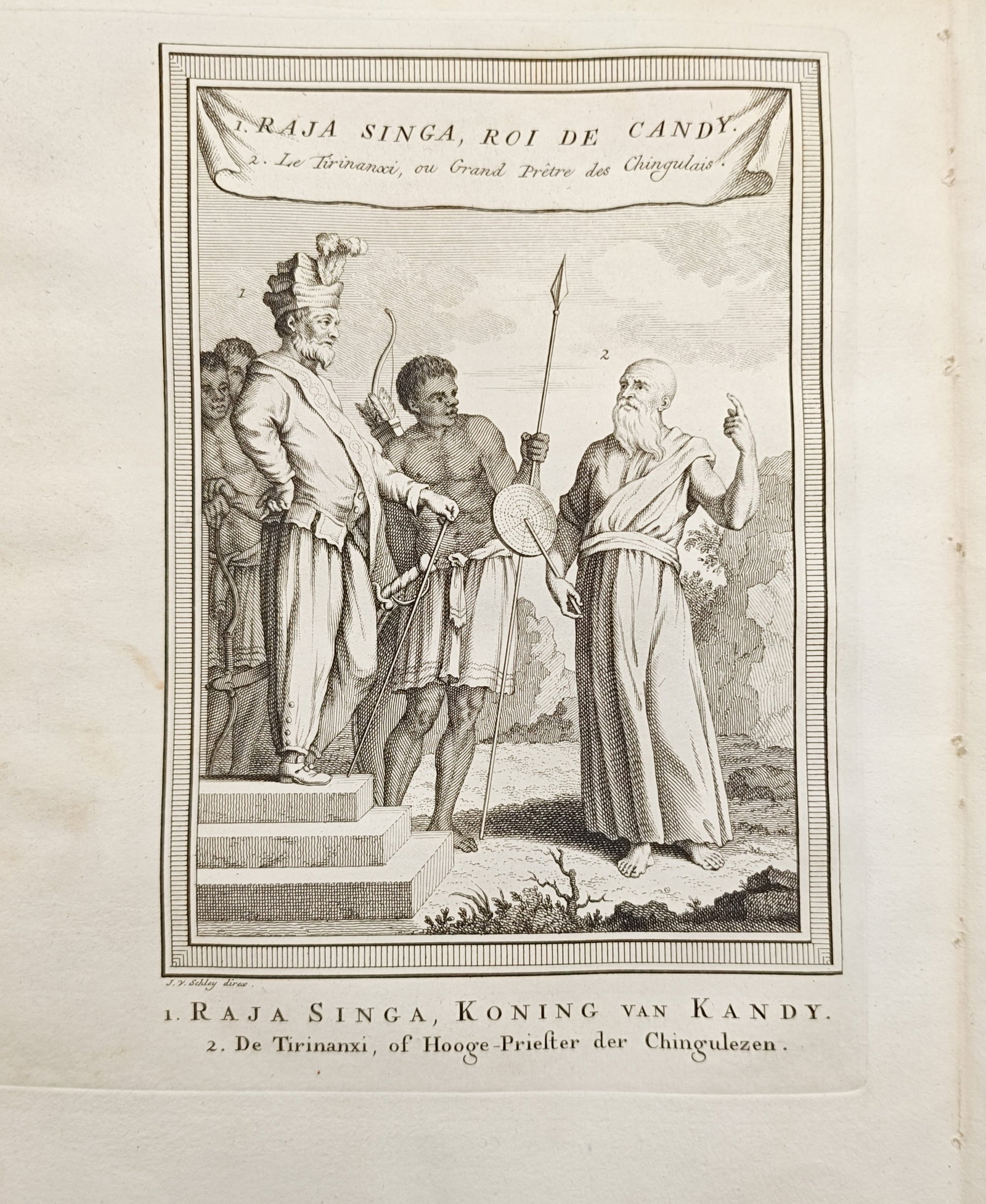 Jakob van der Schley – Raja Singa King of Kandy and the High Priest of the Sinhalese – Engraving: "Raja Singa, King of Kandy, and the High Priest of the Sinhalese" portrays the Sri Lankan monarch in elaborate regal attire standing with attendants beside a robed spiritual leader against a landscape