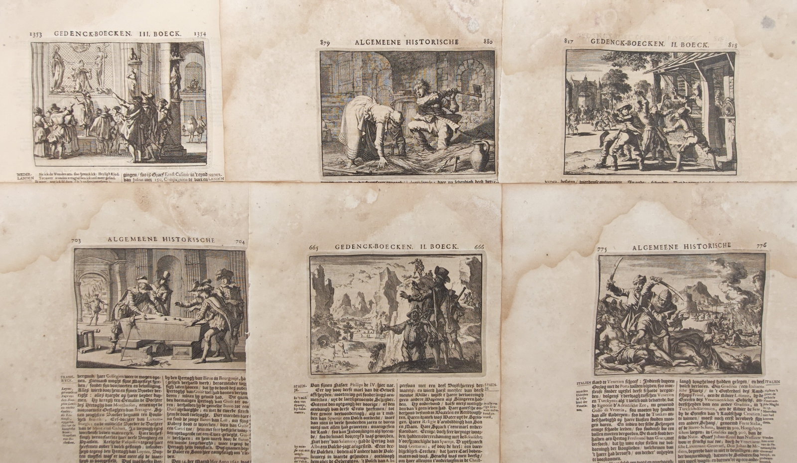 Johann Ludwig Gottfried – Set of 6: Historical Chronicle Leaves with Narrative Scenes –: "General Historical Memorial Books" presents six illustrated folio pages featuring dynamic narrative scenes of royal audiences, military encounters, urban processions, and dramatic encampments framed 