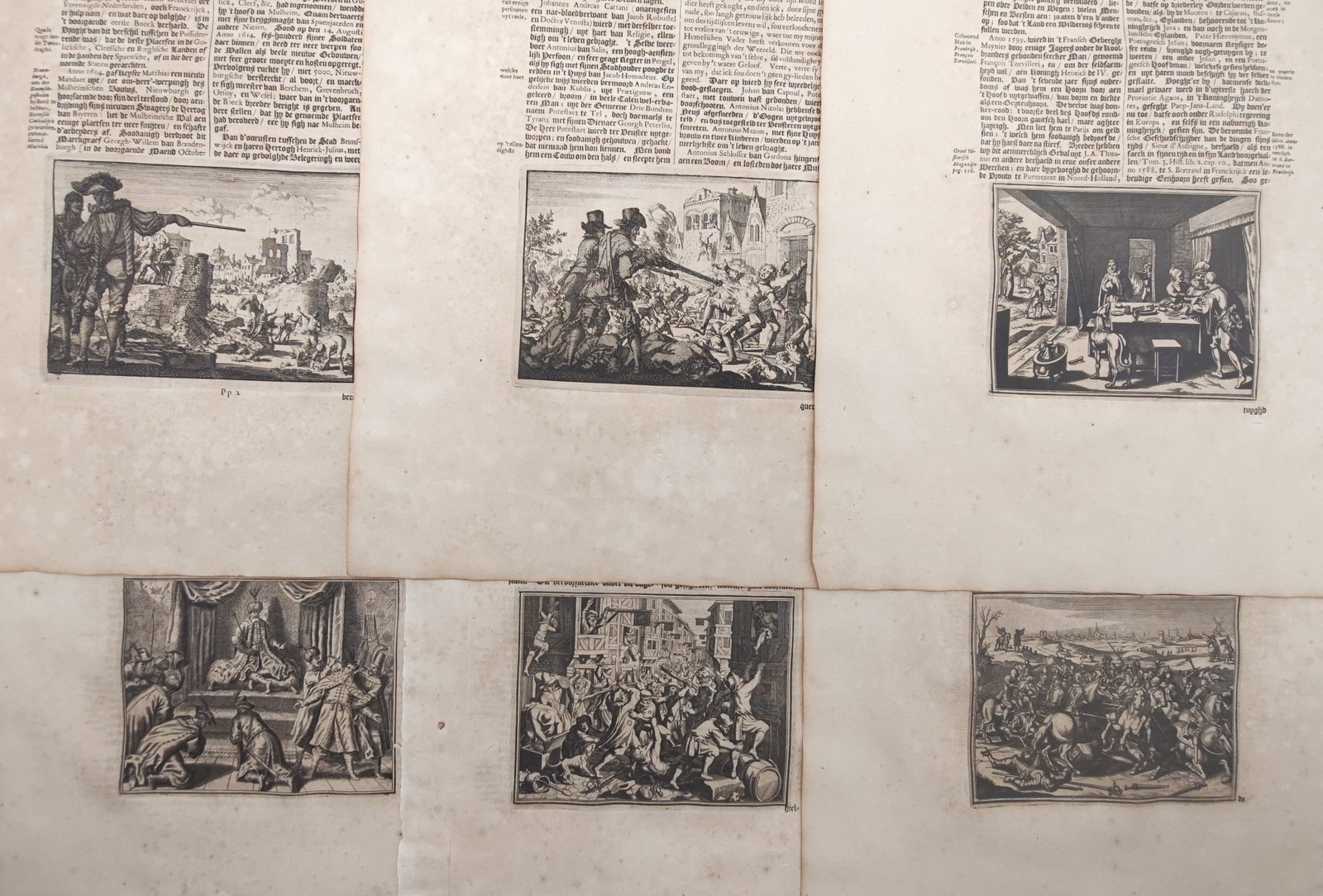 Johann Ludwig Gottfried – Set of 6: Chronicle Leaves with Siege and Battle Vignettes – (1 of 2)