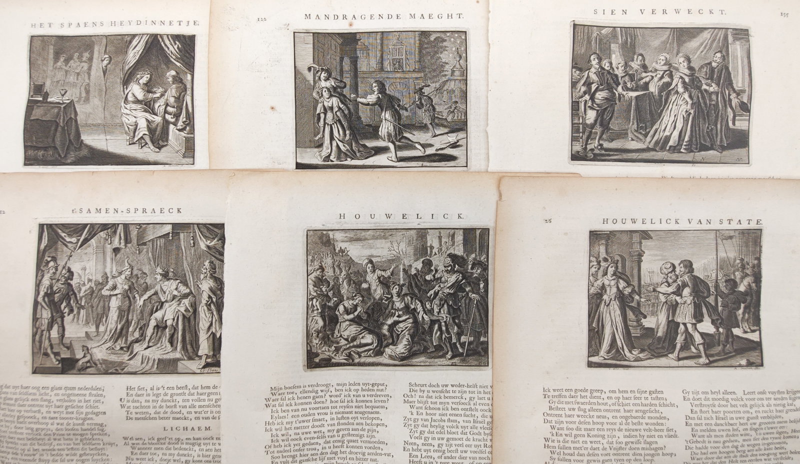 Jacob Cats – Set of 6: Emblematic Scenes of Love, Courtship, and Domestic Virtue – Engravings: "Emblematic Works on Marriage and Moral Life" presents six illustrated folio pages featuring moralizing narrative scenes of domestic interiors, outdoor romantic encounters, and courtly ceremonies inte