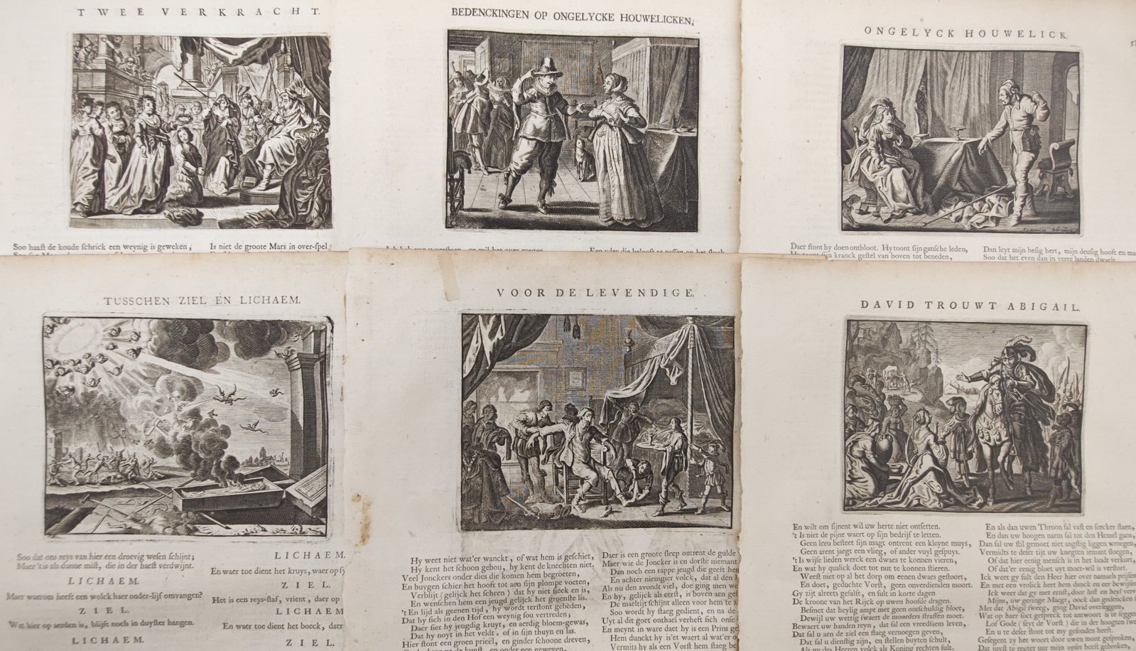 Jacob Cats – Set of 6: Moral Allegories, Unequal Marriages, and Biblical Narratives – Engravings (1 of 2)
