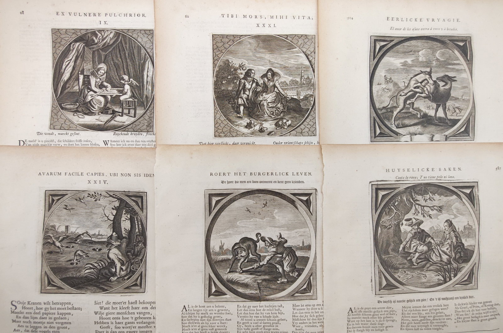 Jacob Cats – Set of 6: Emblematic Roundels on Civic Life, Courtship, and Fables – Engravings (1 of 2)