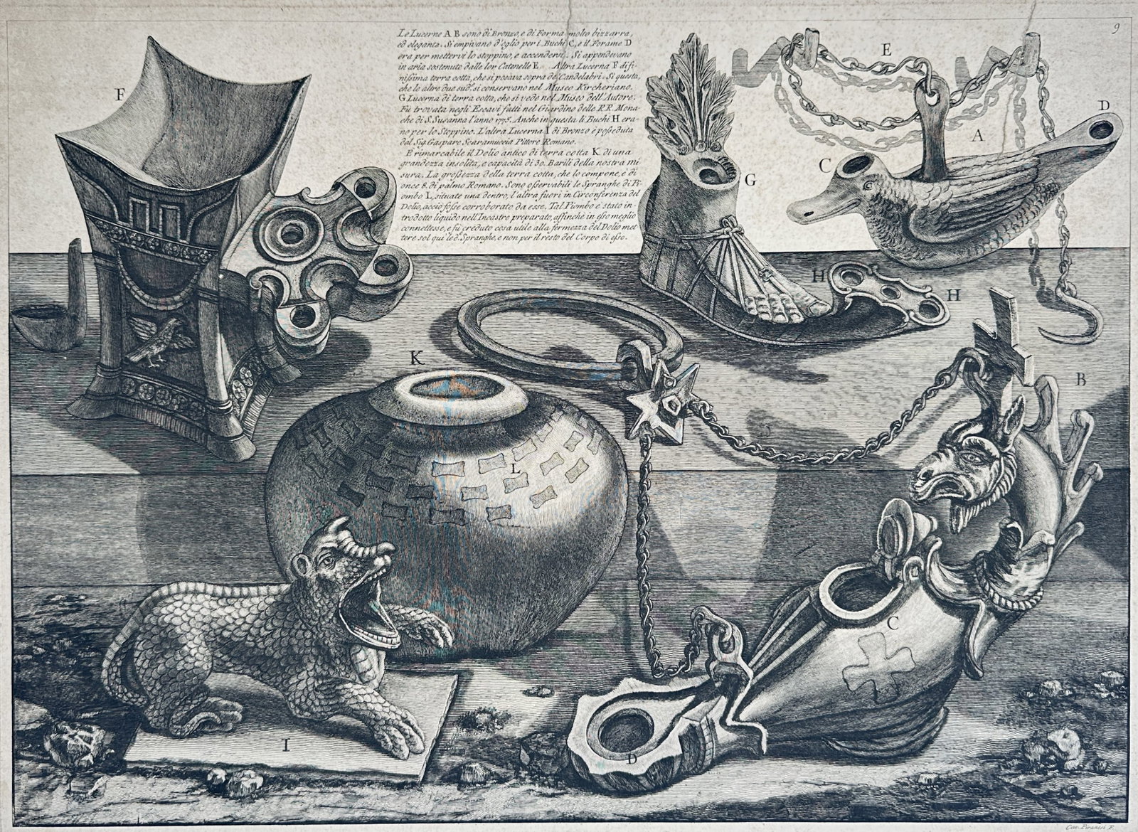 Francesco Piranesi – Antiquarian Study of Ancient Roman oil Lamps and Bronzes – Etching: "Ancient Roman oil Lamps and Artifacts" presents an eighteenth-century antiquarian still life illustrating an assemblage of excavated bronze lighting vessels, hanging suspension chains, cinerary vesse
