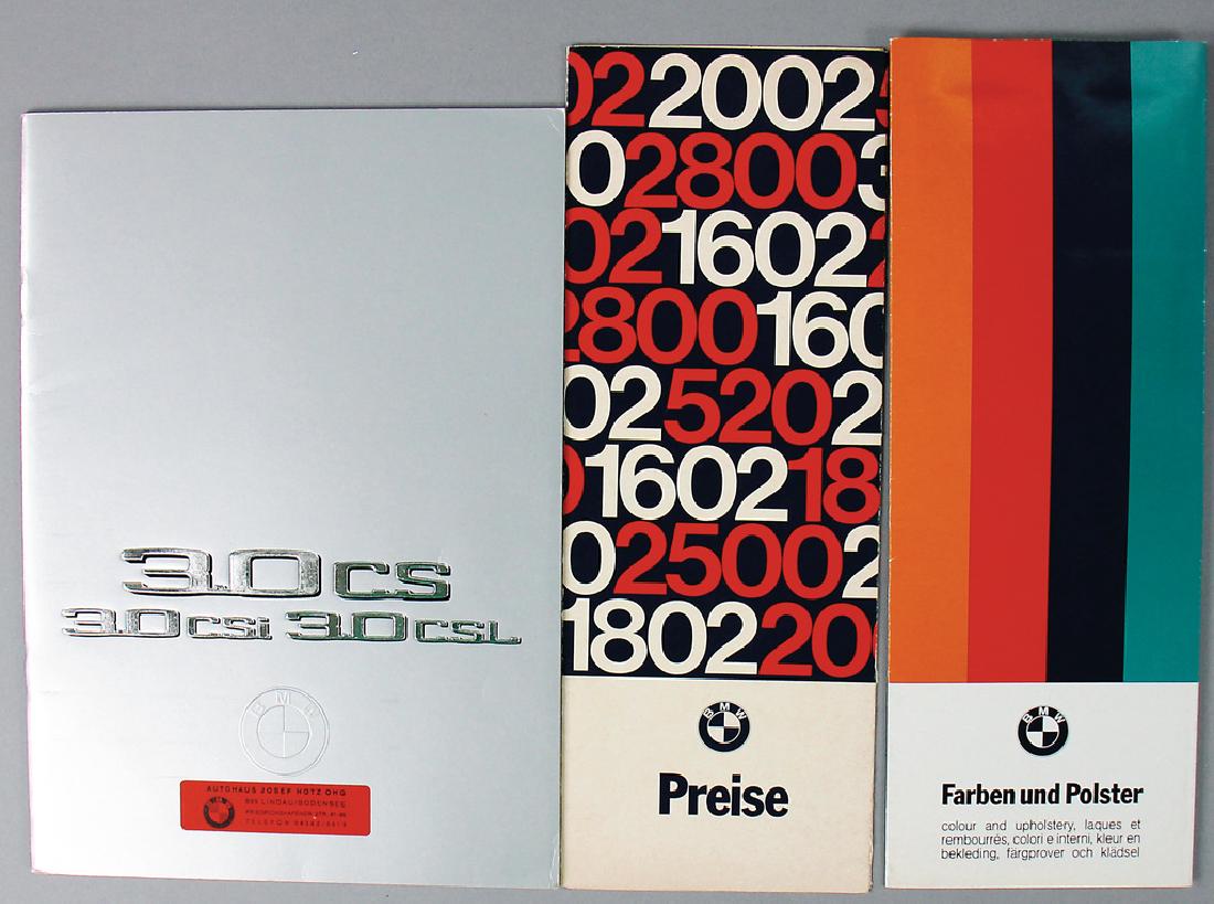 BMW 3, 0 CSL, No. 1: sales catalog, No. 2: price list,: BMW 3, 0 CSL, No. 1: sales catalog, No. 2: price list, No. 3: colors and upholstery, German text, very rare, condition 1-2 German Description BMW 3,0 CSL, Nr. 1: Verkaufskatalog, Nr. 2: Preisliste, Nr