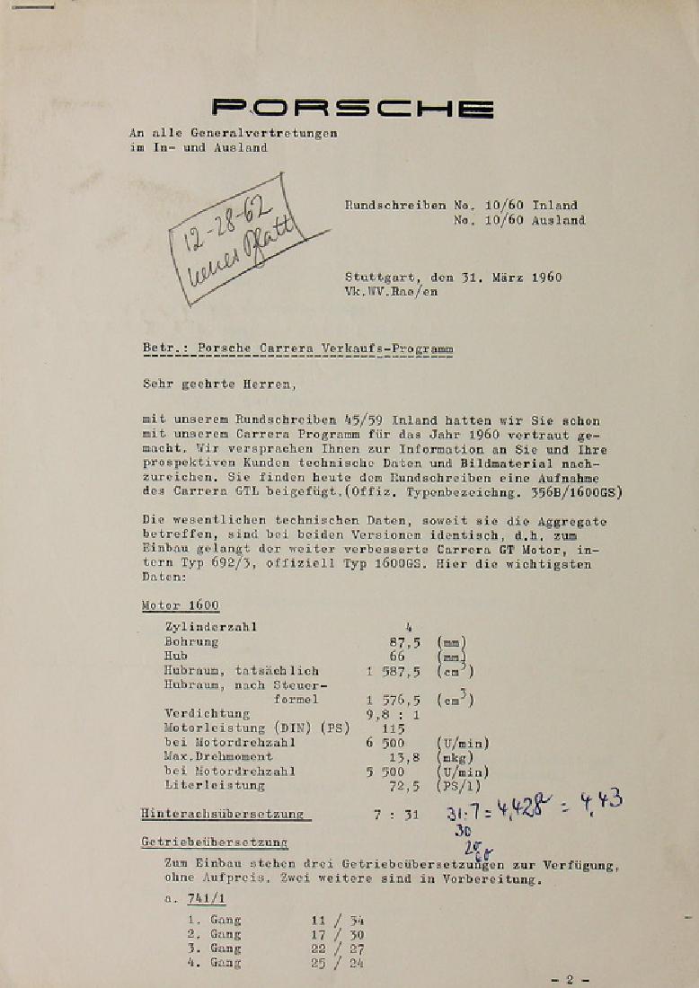 PORSCHE Circular letter No. 10 from 1960 regarding (1 of 1)