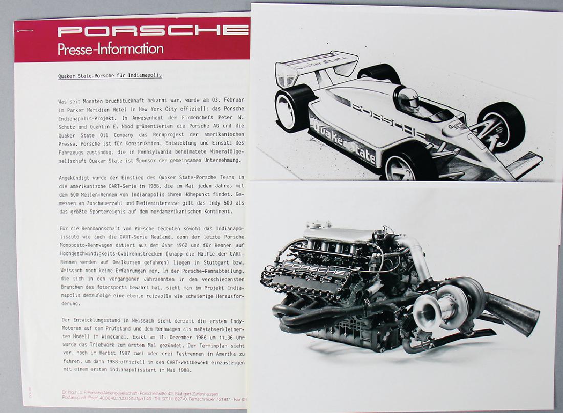 PORSCHE Press writing "Quaker State-Porsche fÃ¼r: PORSCHE Press writing "Quaker State-Porsche fÃ¼r Indianapolis" from 1987, 2 pages, German text and 2 B/W factory press photos German Description PORSCHE Presseschreiben "Quaker State â€“ Porsch