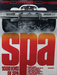 PORSCHE 1970, racing poster "1000 kms de Spa", 101 x 76: PORSCHE 1970, racing poster "1000 kms de Spa", 101 x 76 cm, design by Strenger, good condition German Description PORSCHE 1970, Rennplakat "1000 kms de Spa", 101 x 76 cm, Entwurf Strenger, guter Zust.