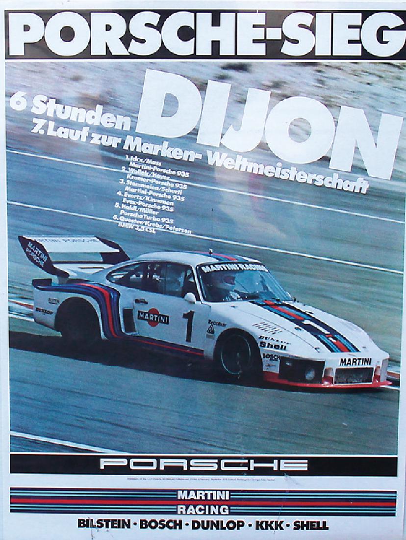 PORSCHE 1976, racing poster "Porsche-Sieg, 6 Stunden: PORSCHE 1976, racing poster "Porsche-Sieg, 6 Stunden Dijon", 101 x 76 cm, design by Strenger, good condition German Description PORSCHE 1976, Rennplakat "Porsche-Sieg, 6 Stunden Dijon", 101 x 76 cm, E