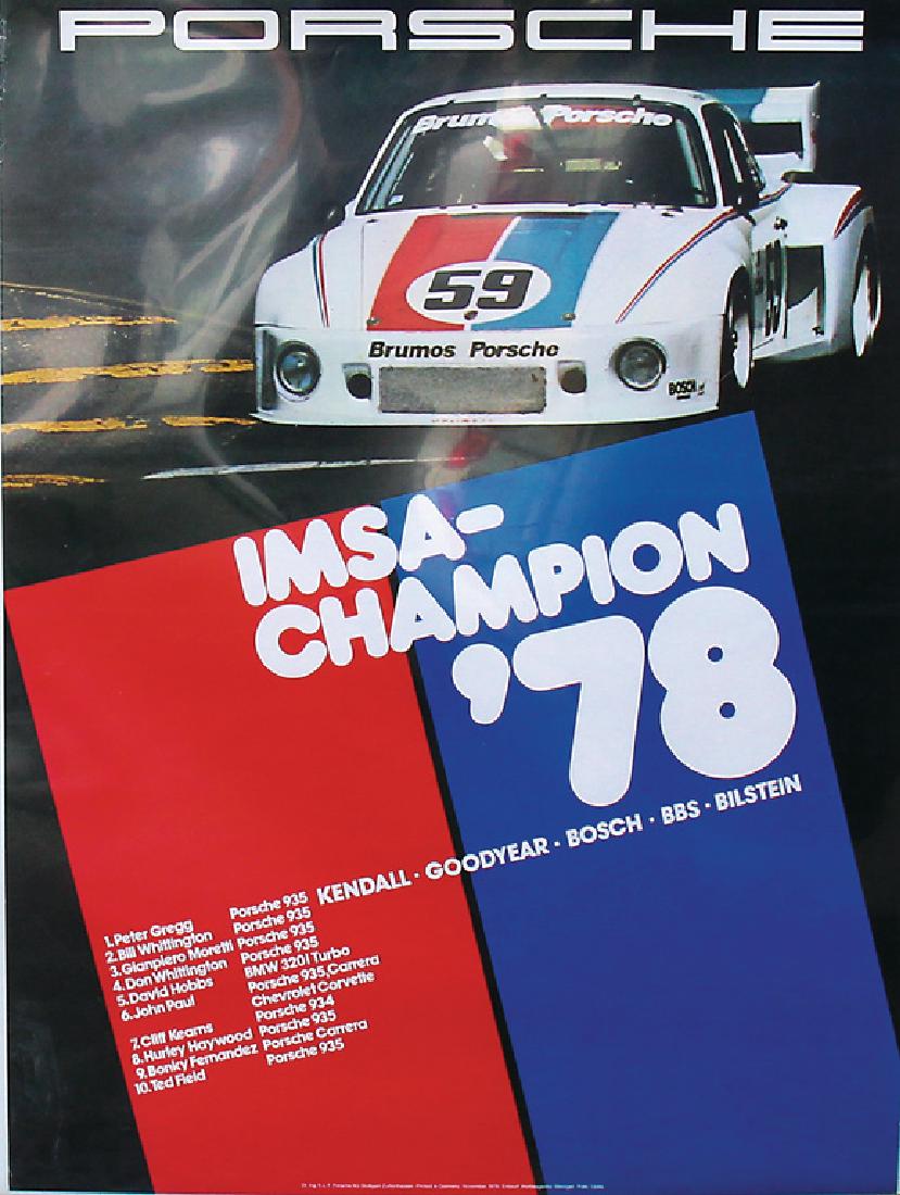 PORSCHE 1978 racing poster "IMSA Champion 78", 101 x: PORSCHE 1978 racing poster "IMSA Champion 78", 101 x 76 cm, design by Strenger, creased, otherwise good condition German Description PORSCHE 1978 Rennplakat "Imsa Champion 78", 101 x 76 cm, Entwurf St