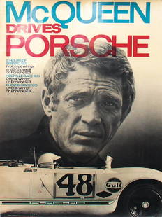 PORSCHE Racing poster "McQueen Drives Porsche" from: PORSCHE Racing poster "McQueen Drives Porsche" from 1970, is wavy at the edges, with holes, condition 2-3, rare German Description PORSCHE Rennposter "McQueen Drives Porsche" von 1970, an den RÃ¤nde