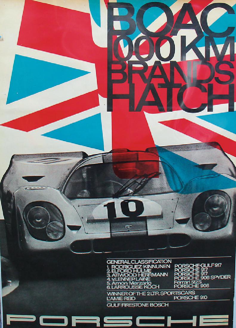 PORSCHE Racing poster 1000 km Brands Hatch 1970, design: PORSCHE Racing poster 1000 km Brands Hatch 1970, design by Strenger, 118 x 83.5 cm, some small flaws, condition 2-3 German Description PORSCHE Rennposter 1000 km Brands Hatch 1970, Entwurf Strenger, 1