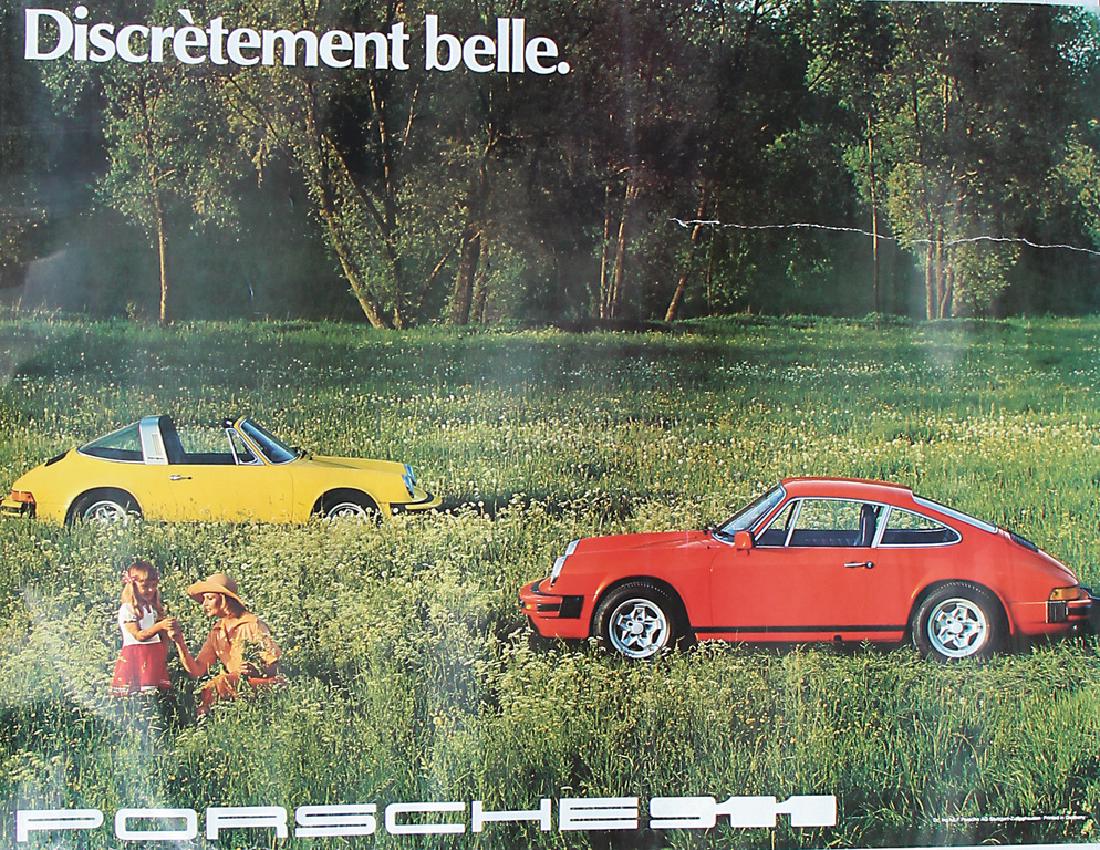 PORSCHE Advertisement poster, Porsche 911: PORSCHE Advertisement poster, Porsche 911 "DiscrÃ¨tement belle", 76 x 101 cm, with a c. 40 cm long tear in the middle from the right edge, down below with creases, minimally patches with flaws Germa