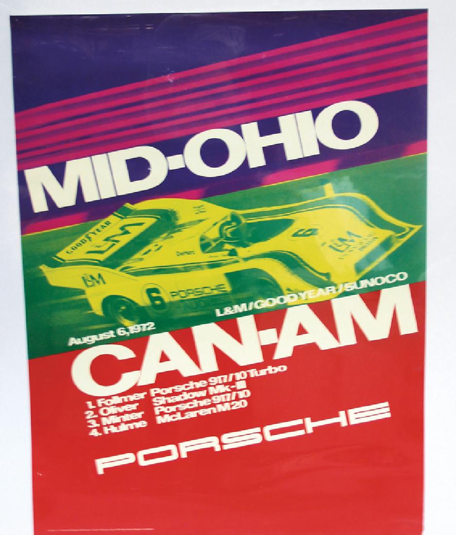 PORSCHE Racing poster Mid-Ohio Can Am 1972, 101 x 76,: PORSCHE Racing poster Mid-Ohio Can Am 1972, 101 x 76, design by Strenger condition 1-2 German Description PORSCHE, Rennposter Mid-Ohio Can Am 1972, 101 x 76, Entwurf Strenger Zust. 1-2