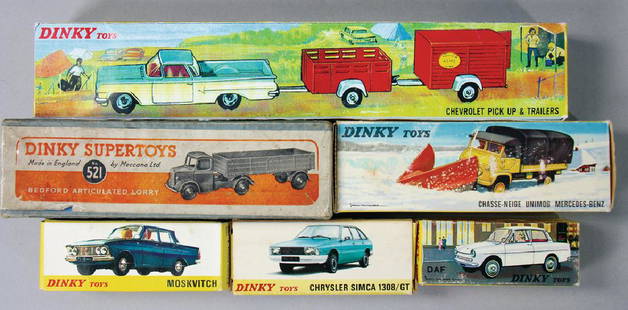 DINKY TOYS 6 models Bedford Articulated Lorry No. 521,: DINKY TOYS 6 models Bedford Articulated Lorry No. 521, Chrysler Simca 1308 GT, Chevrolet Pick Up & Trailers No. 448, DAF No. 508, Moskvitsch No. 1410 and Unimog Mercedes No. 567, all in the original b