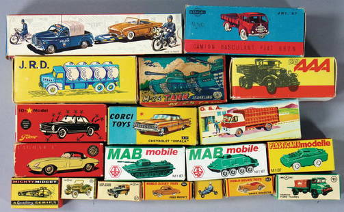 19 model cars by different manufacturers, e.g. Corgi,: 19 model cars by different manufacturers, e.g. Corgi, Duplo Dinky Toys, J. R. D., etc., all in the original box, German Description 19 Modellautos von verschiedenen Herstellern, z. B. Corgi, Duplo