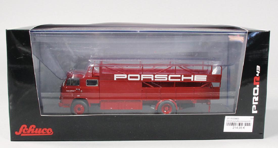 SCHUCO Porsche racing transporter MAN 635 in original: SCHUCO Porsche racing transporter MAN 635 in original box, rare German Description SCHUCO, Porsche Renntransporter MAN 635 im Originalkarton, selten