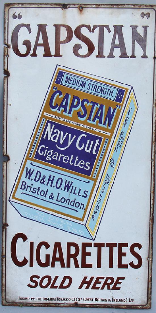 Enamel sign Capstan Cigarettes, embossed writing, rusty: Enamel sign Capstan Cigarettes, embossed writing, rusty at edge, condition 3+, 91 x 46 cm German Description Emaille-Schild Capstan Cigarettes, erhabene Schrift, am Rand angerostet, Zust. 3+, 91 x 46 