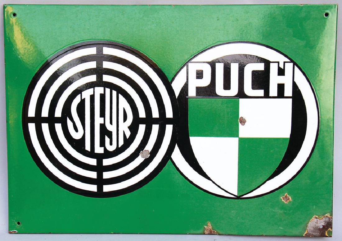 Enamel sign Steyr Puch bevelled and with stamped (1 of 1)