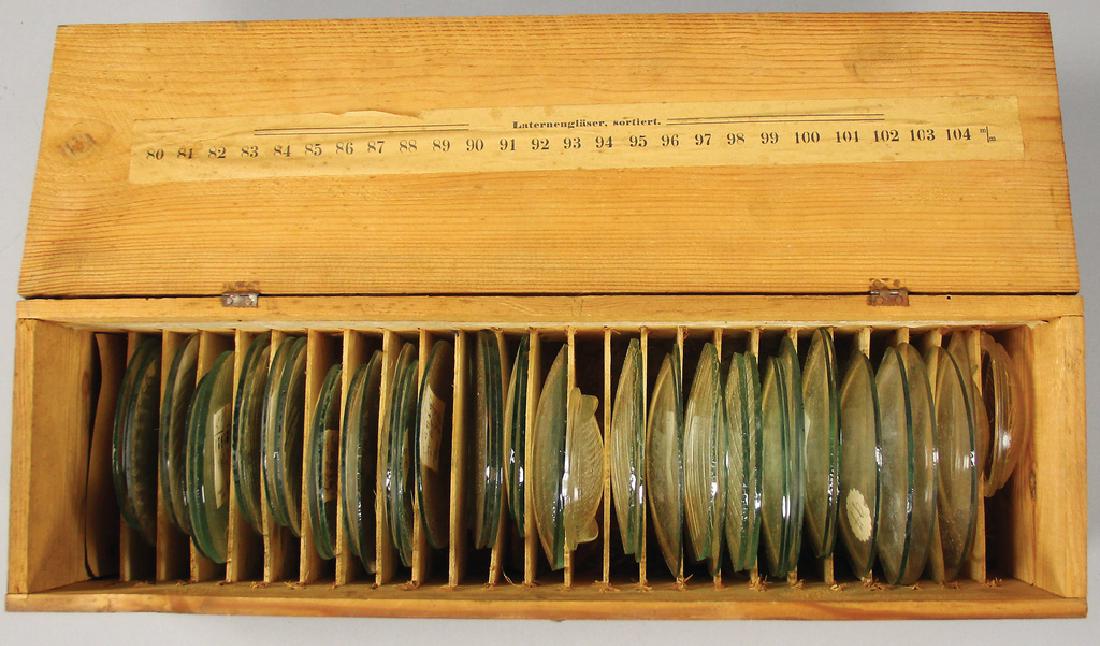 Probably '30s, wooden box with 49 lantern glasses, (1 of 1)