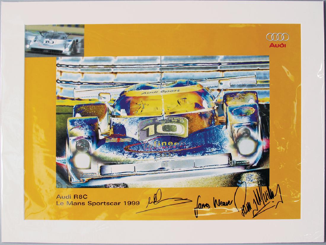AUDI art printing, on it Audi R8C Le Mans Sports Car: AUDI art printing, on it Audi R8C Le Mans Sports Car aus1999, autographed by Andy Wallace, James Weaver and Perry McCarthy, with certificate of authenticity, with a format c. 52 x 69 cm, with a passep