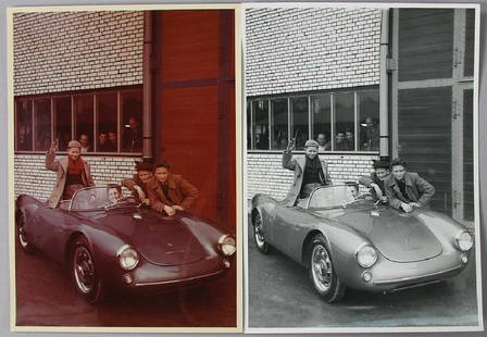 PORSCHE mixed lot with 2 original photos, 1x color: PORSCHE mixed lot with 2 original photos, 1x color photo and 1 B/W photo, the sons of Ferry Porsche Ferdinand Alexander, Gerhard, Hans-Peter and Wolfgang Porsche with a 550 Spyder, 18 x 13 cm German D