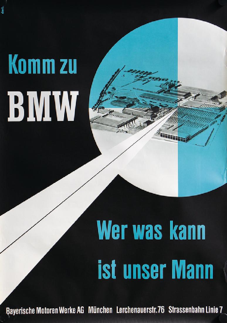 BMW advertisement poster "Komm zu BMW - wer was kann: BMW advertisement poster "Komm zu BMW - wer was kann ist unser Mann" Bayerische Motorenwerke München, draft Dorland, 84 x 59 cm, smaller damage at the left lower corner German Description BMW Werbepl