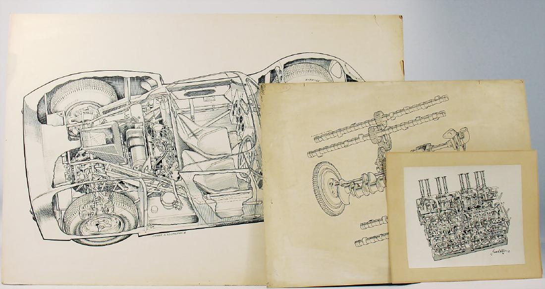 mixed lot of 2 sectional drawings, among it No. 1:: mixed lot of 2 sectional drawings, among it No. 1: sectional view Rover turbine Le Mans car from 1963, No. 2: drive assembly, autographed by James A. Allington, with formats 79 x 53 and 30 x 25 cm, wi