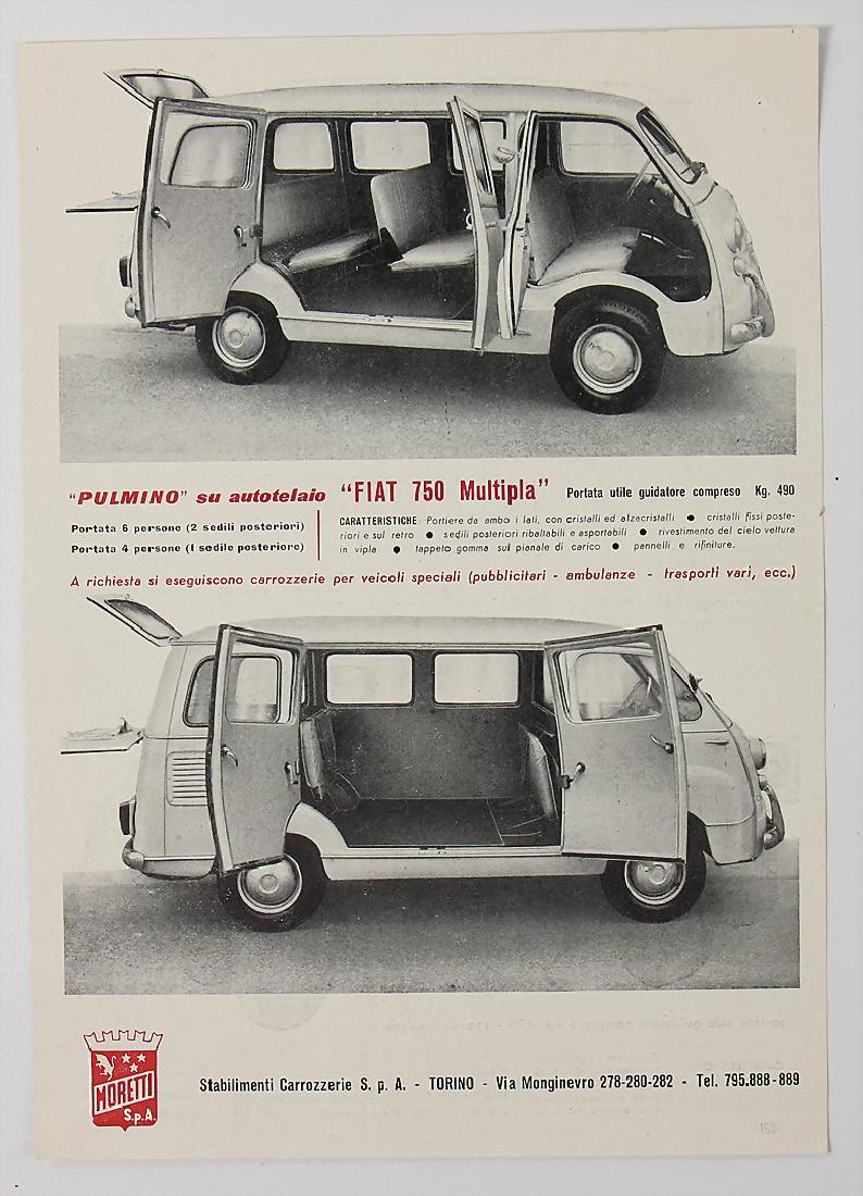 MORETTI flyer Fiat 750 Multipla, printed on both sides: MORETTI flyer Fiat 750 Multipla, printed on both sides German Description MORETTI Einblattprospekt Fiat 750 Multipla, beidseitig bedruckt