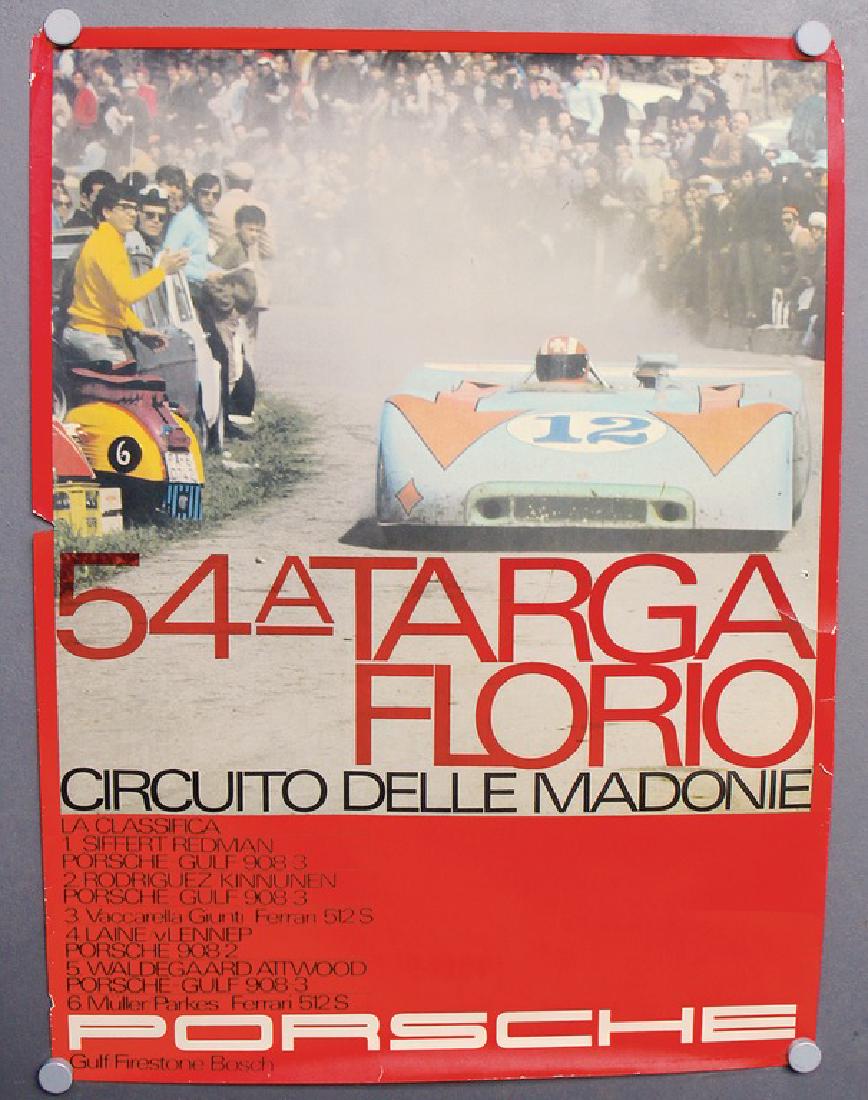 PORSCHE racing poster "54. Targa Florio Circuito delle: PORSCHE racing poster "54. Targa Florio Circuito delle Madonie", May 1970, draft studio Strenger, 2 small patches with flaws, and small flaws at the edges, condition 3- German Description PORSCHE Renn