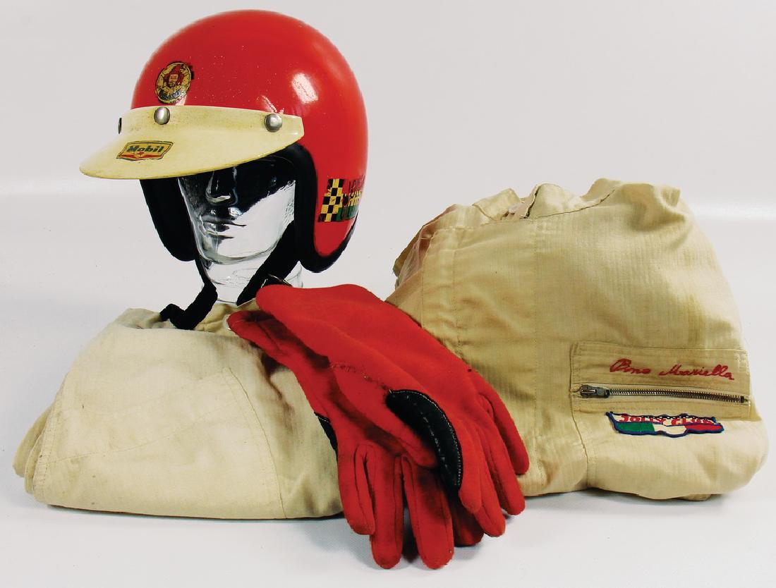 GIUSEPPE MARIELLA mixed lot, race suit by Guiseppe: GIUSEPPE MARIELLA mixed lot, race suit by Guiseppe "Pino" Mariella Jolly Club, with helmet and driver gloves, Marielle was driving among others in a Lancia Fulvia Tour de France Automobile 1969, Bella