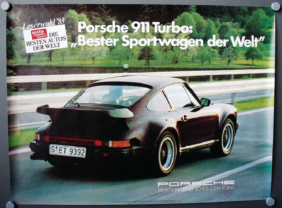 PORSCHE advertisement poster "Porsche 911 Turbo -: PORSCHE advertisement poster "Porsche 911 Turbo - Bester Sportwagen der Welt", draft Gruppe C February 1983, 101x76cm, slight creased, otherwise good condition German Description PORSCHE Werbeplakat "