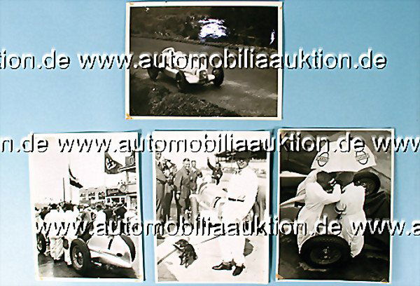 MERCEDES BENZ, D 1935, mixed lot 4 of b/w-photos,: English Description: MERCEDES BENZ, D 1935, mixed lot 4 of b/w-photos, 1x Rudolf Caracciola with his dog, at the start and home stretch, standing in front of Manfred von Brauchitschs car, start No. 7