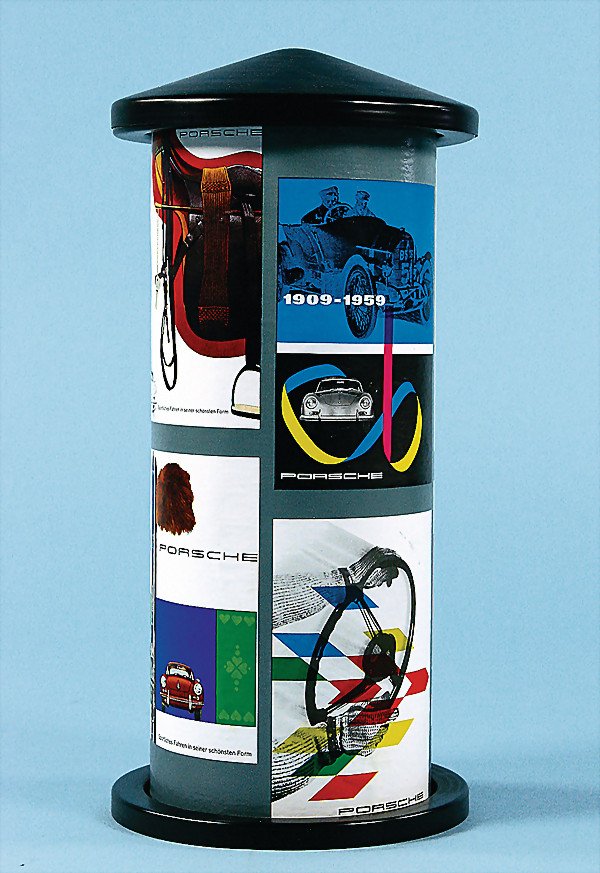 PORSCHE, c. 1962, advertising column ( packing fo: English Description: PORSCHE, c. 1962, advertising column ( packing for a wine bottle ), with different poster motifs as imprint, good condition, very rare, height 30 cm, good condition Deutsche Besc