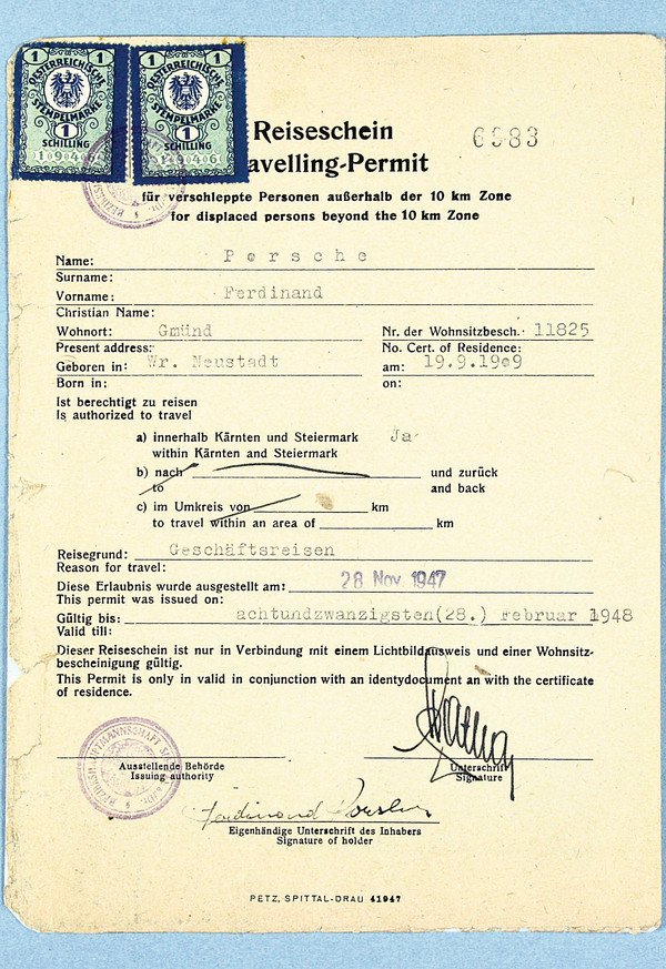 FERDINAND PORSCHE, ( Ferry Porsche ), travel cert