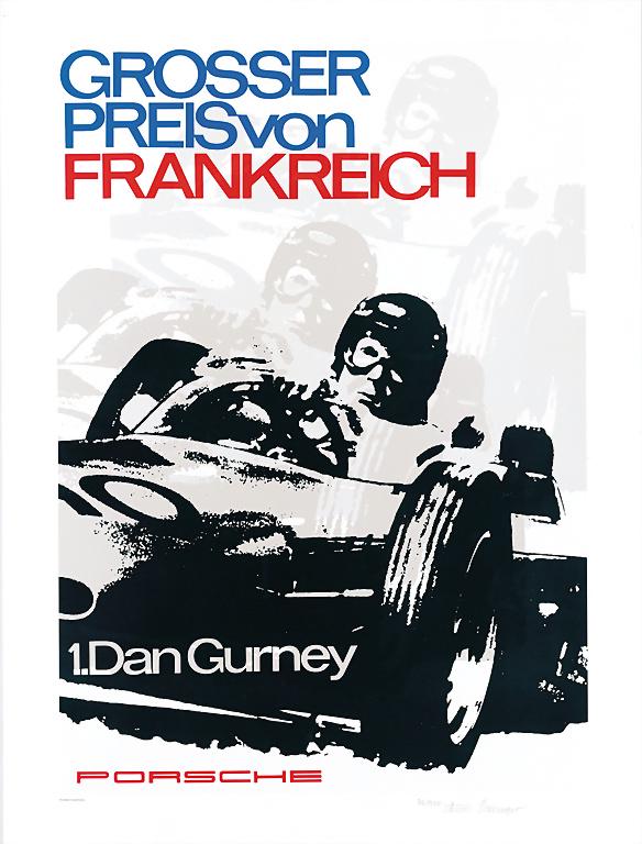 PORSCHE 1962, autographed and limited art printing: PORSCHE 1962, autographed and limited art printing (34/500) "Großer Preis von Frankreich 1. Dan Gurney", design by: Erich Strenger , 68x51cm German Description PORSCHE 1962, handsignierter/limitierte